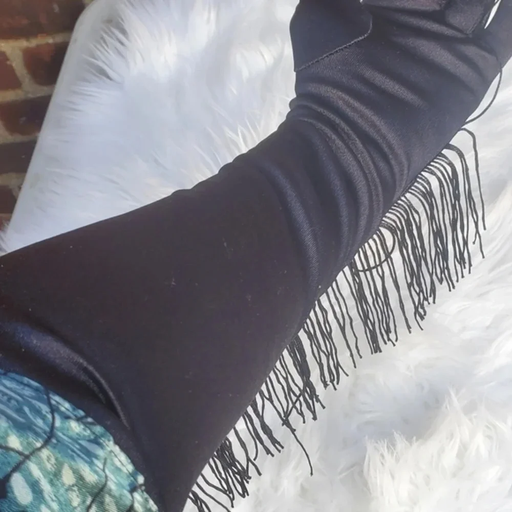 Black Satin Long Fringe‎ Gloves  NWT